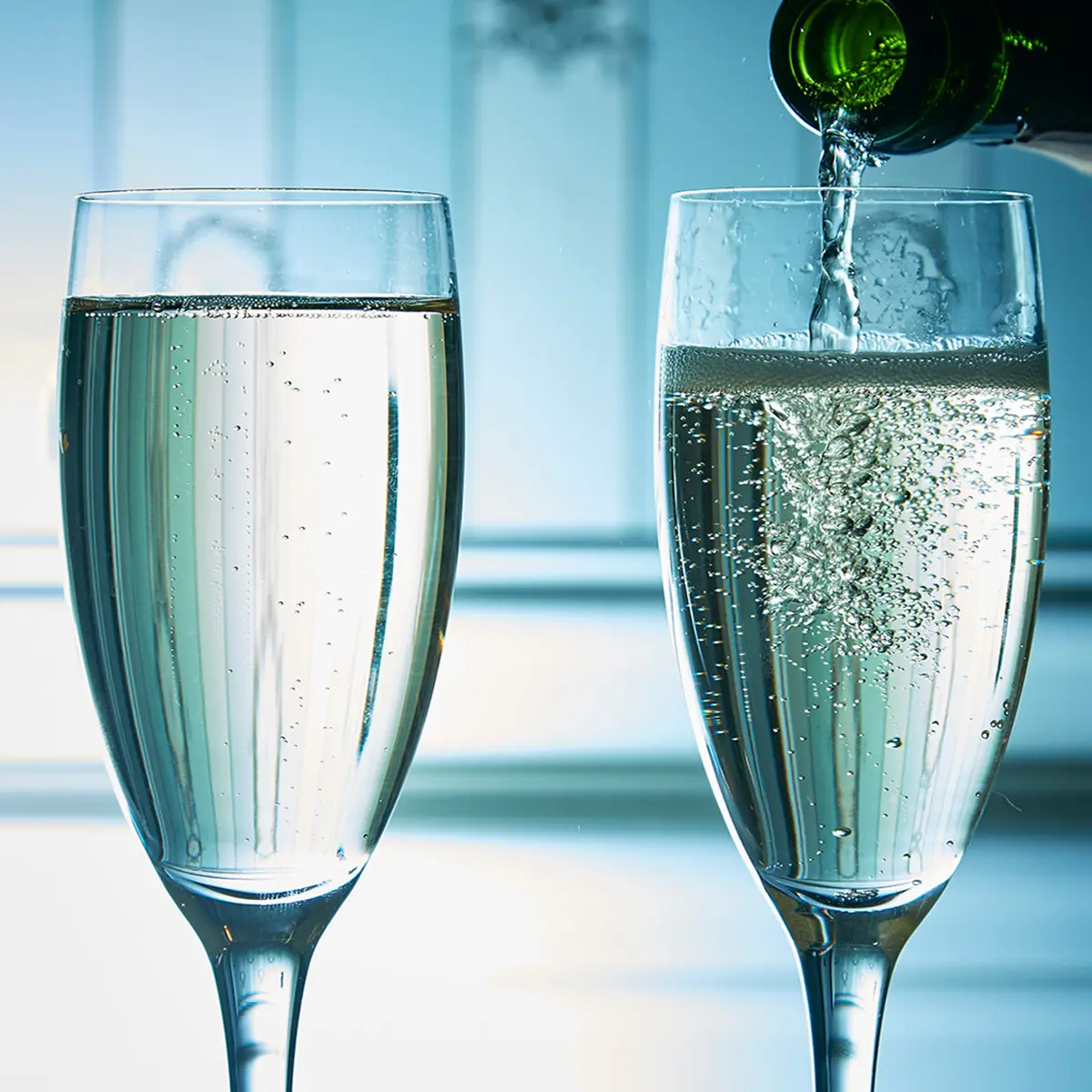 A close up of a pair of Champagne glasses